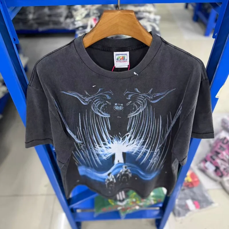 SAINT SS26 Streetwear Bat Giant Print Vintage Short-Sleeve T-Shirt High Quality Summer Washed Men's Women's Hip-Hop T-Shirt