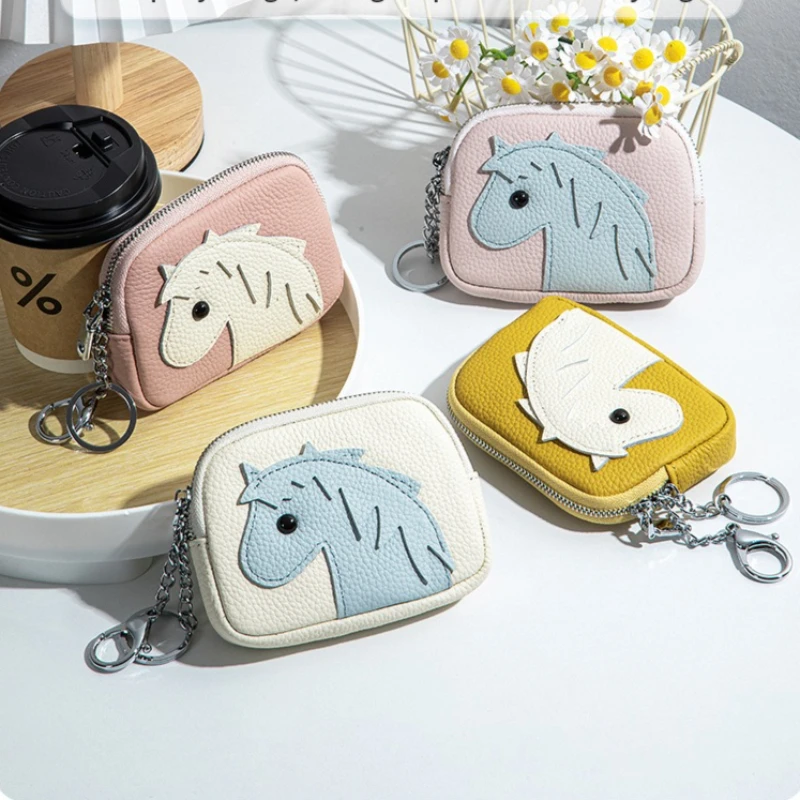 Genuine Leather Keychain Coin Purse Fashion Cute Horse Patch Design Zipper Small Wallet for Ladies Cards Lipstick Change Pouch