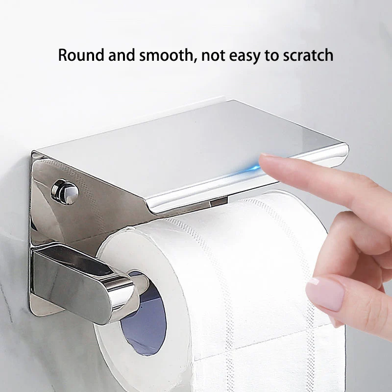 Stainless Steel Household Punch-free Toilet Paper Roll Holder Bathroom Wall Mount Mobile Phone Storage Rack Tissue Box