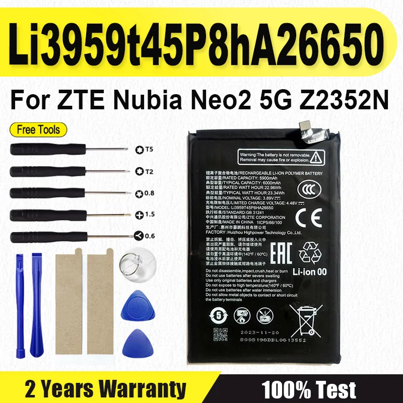 

Original Battery Li3959t45p8ha26650 For ZTE nubia neo2 5G Z2352N Mobile Phone Batteries 6000mAh + Free Tools