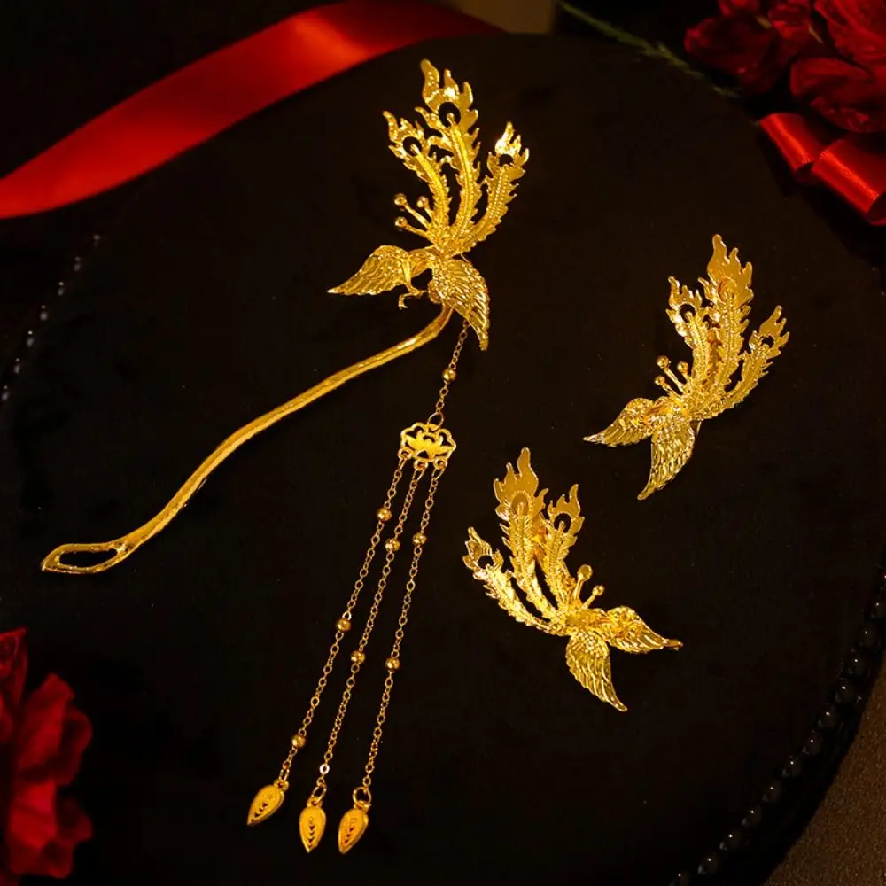Alloy Phoenix Hairpin Set Ancient Style Gold Tassel Hairpins Hair Stick New Chinese style Bridal Hair Ornament Hanfu Accessories