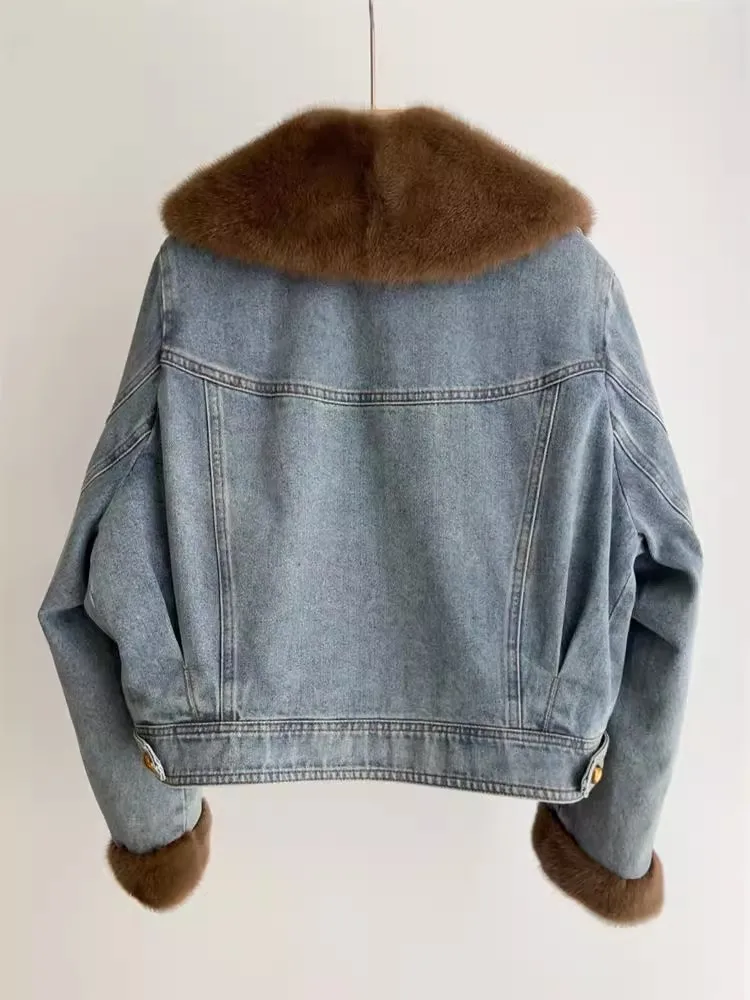 Hiver femmes col de fourrure de vison mode Denim doudoune chaud à manches longues concepteur Streetwear vêtements d'extérieur décontractés femme manteau court