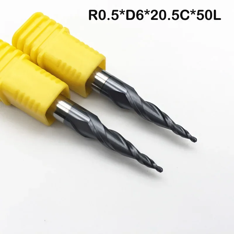 2PCS R0.5*D6*20*50L*2F Taper Ball Nose End Mill Solid Carbide Engraving Router Bit Relief Wood Metal CNC Milling Cutter Coated