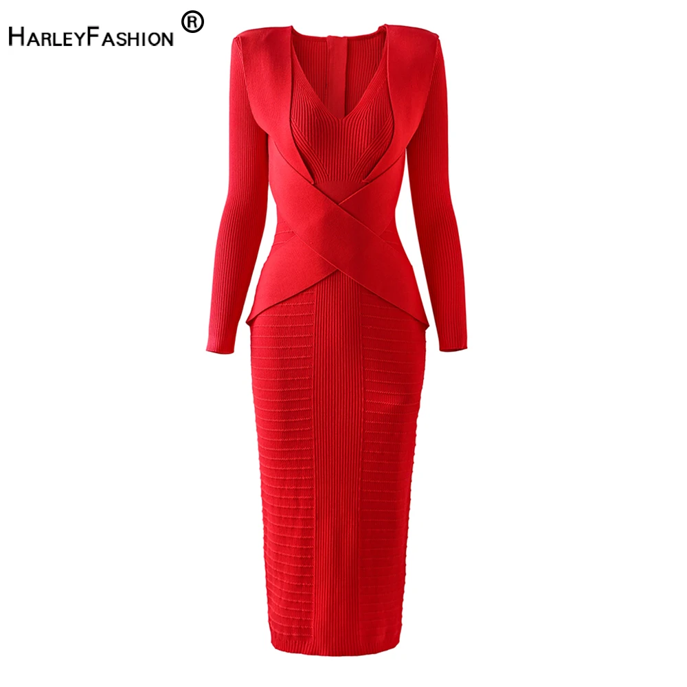 Christmas New Year Red Women Long Knitted Dress Wrapped Waist Bodycon Stretchy Fabric Tall Lady High Street Clothing