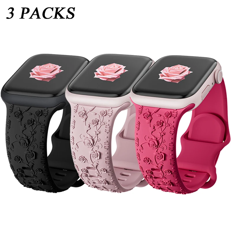 3 Packs Floral Engraved Band for Apple watch ultra 2 49mm 40mm 41mm 38mm 42mm 44mm 45mm for iWatch Series 9/8/7/SE/6/5/4/3/2/1