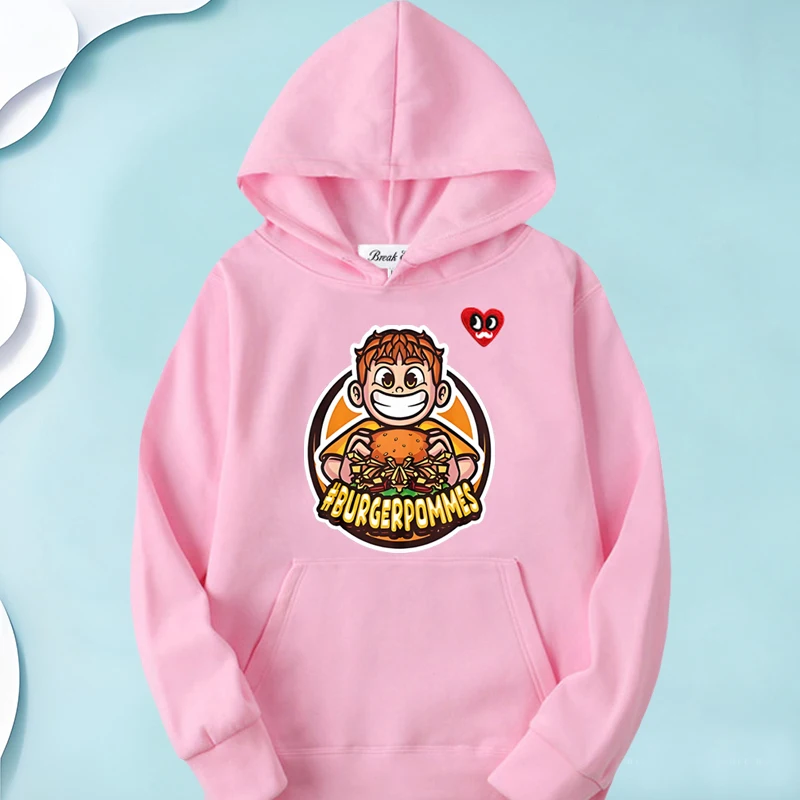 

Burgerpommes Icrimax French Fries Print Women Hoodie Polyester Red Eyes Beard Heart Embroidery Pullover Pockets Loose Lady Hoody