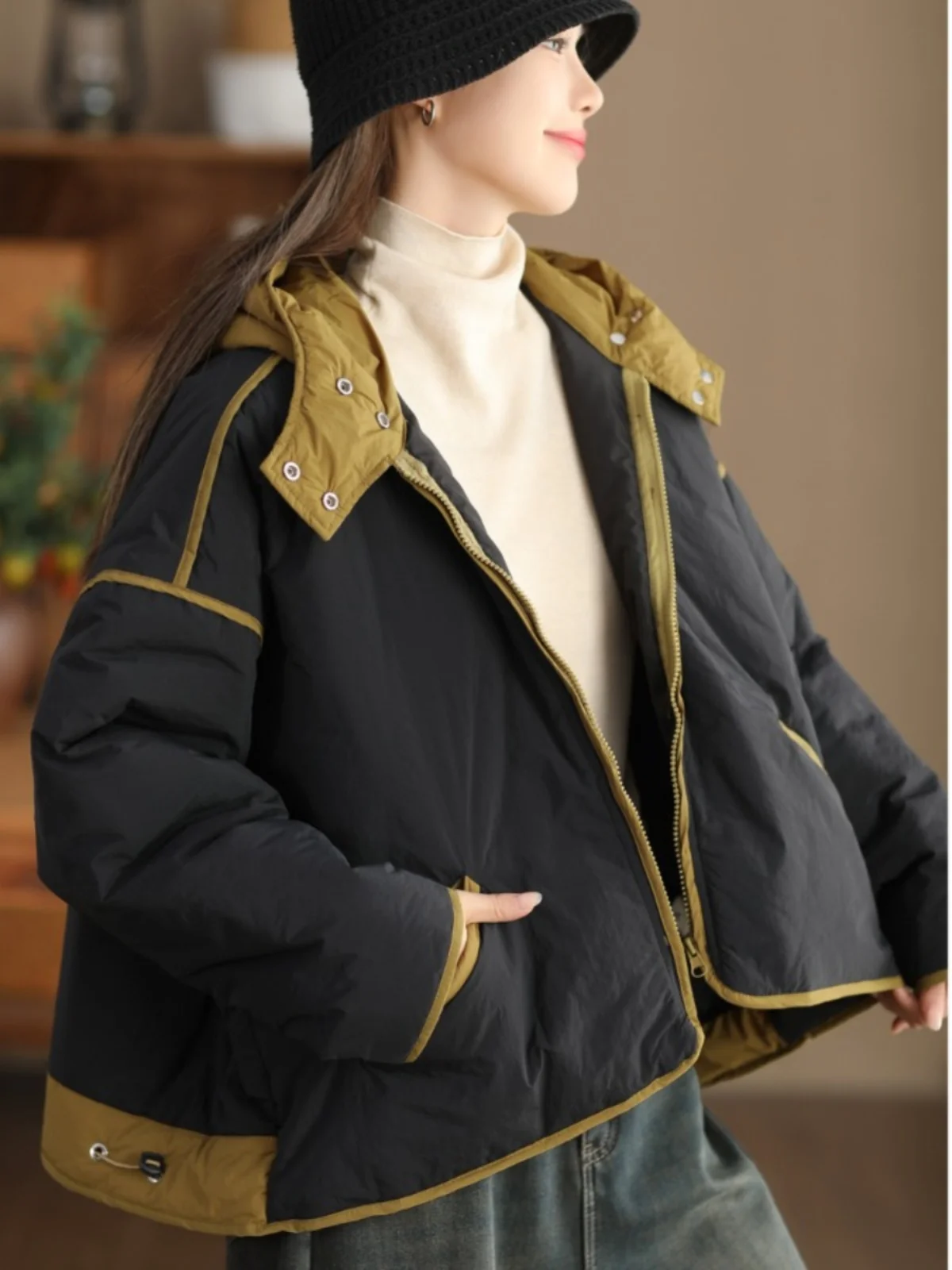 Retro Kontrastfarbe Arbeitskleidung Daunen Baumwolle Jaet Damen Herbst Winter Leichter warmer Baumwollmantel mit Kapuze Oberbekleidung