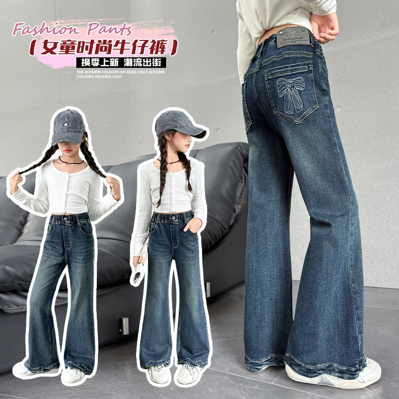 

Джинсовые расклешенные джинсы для девочек с вышивкой на задних карманах, длинные джинсовые брюки, возраст 7–14 лет, осенние расклешенные джинсы, обратно в школу