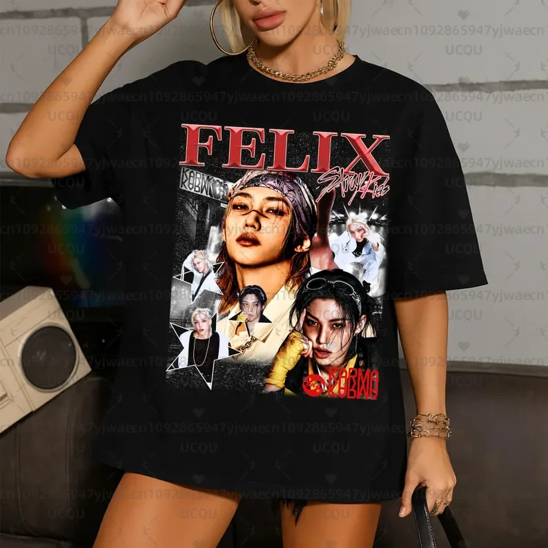 Vintage Bang Chan Felix Kpop Muster T-Shirt Kurzarm Unisex Casual Herren Damen Rundhals T-Shirt Tops