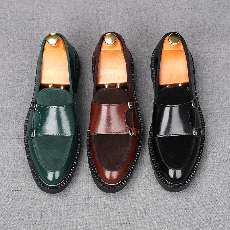 

British Style Loafers Men's Thick-soled Height-increasing Casual Leather Shoes Fashion Monk Double Strap Dress Shoes for Men