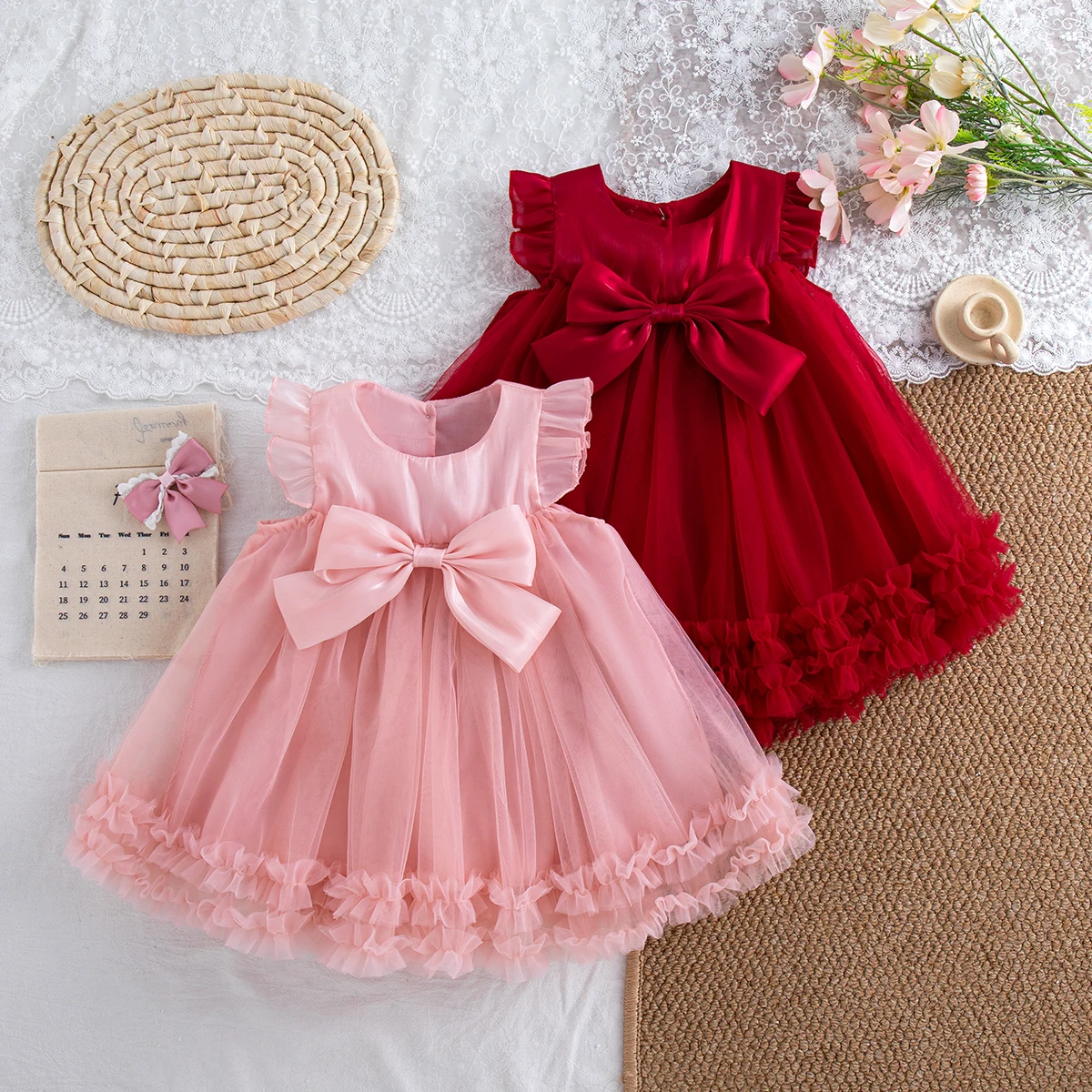 Summer Fashion Red Big Bow Solid Color Birthday Party Baby Girl Fairy Dress Korean Style Sweet Toddler Christening Dress