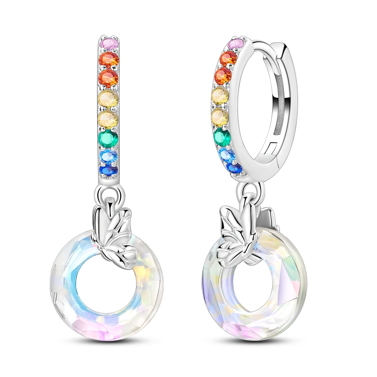 925 Sterling Silver Rainbow CZ Butterfly Aurora Ring Dangle Hoop Earrings Sweet Party Jewelry Present for Women
