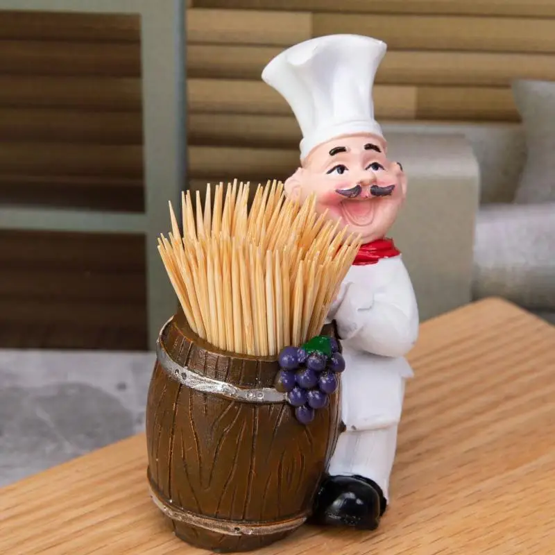 No Power Required Suitable For Home & Party Decoration Charming Chef Theme Toothpick Holder With Wooden Barrel - Resin Material