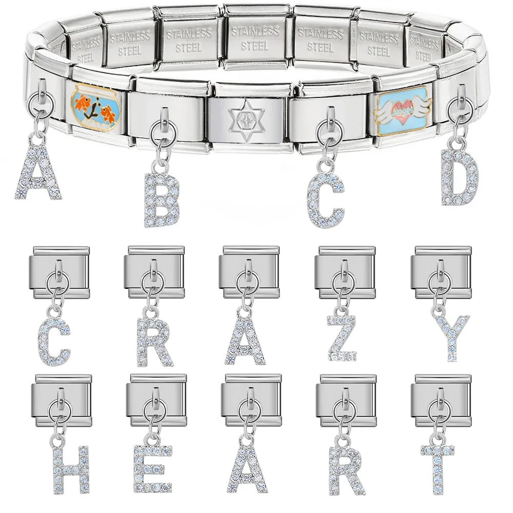 Design Silver Color Charm Pendant 26 English Zirconia Letter A-Z Italian Link fit 9mm Stainless Steel Jewelry Making DIY Beads