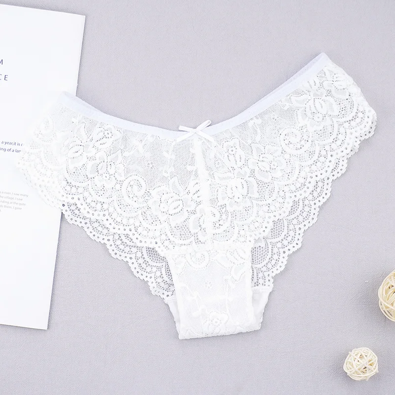 Fashion Sexy Full Lace Panties Transparent Women Briefs Female Hollow Out Low Cut Panty Breathable Bow Wholesale Underwear Thong