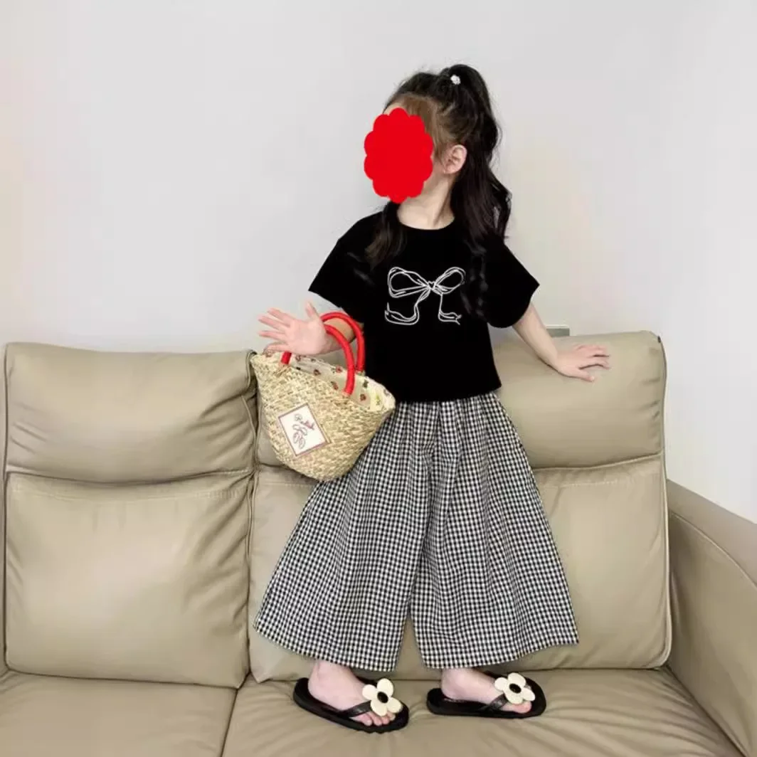 Kinderkleidungssets Poloshirt mit Schleifenmuster + Schottenkaro-Palazzo-Hose, 2-teiliges Set, Baby-Outfit-Set, Kleinkind-Mädchen-Kleidung