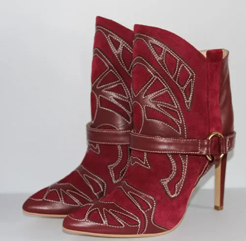 

Women Wine Red Black Blue Suede Patchwork Dress Boots Embroidered Buckle Strap Thick High Heel Ankle Boots Gladiator Boots