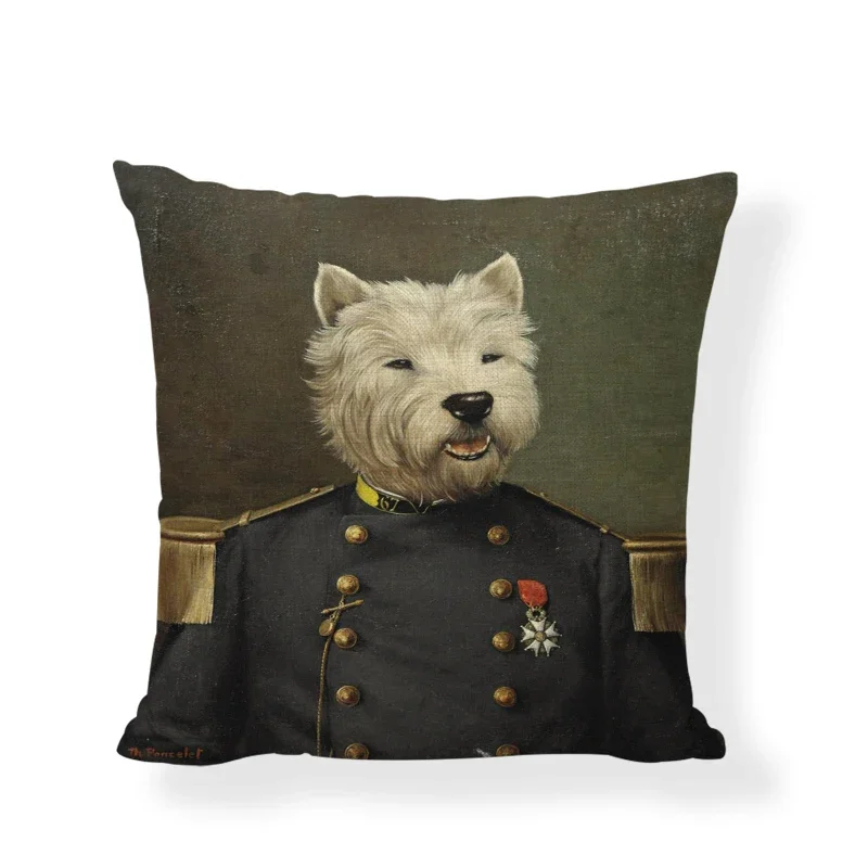 Dog Cat Military Uniform Earl Clothing Print Pillowcase Decorative Cotton Linen Pillow Cover Sofa Car Home Decor Cushion Cover