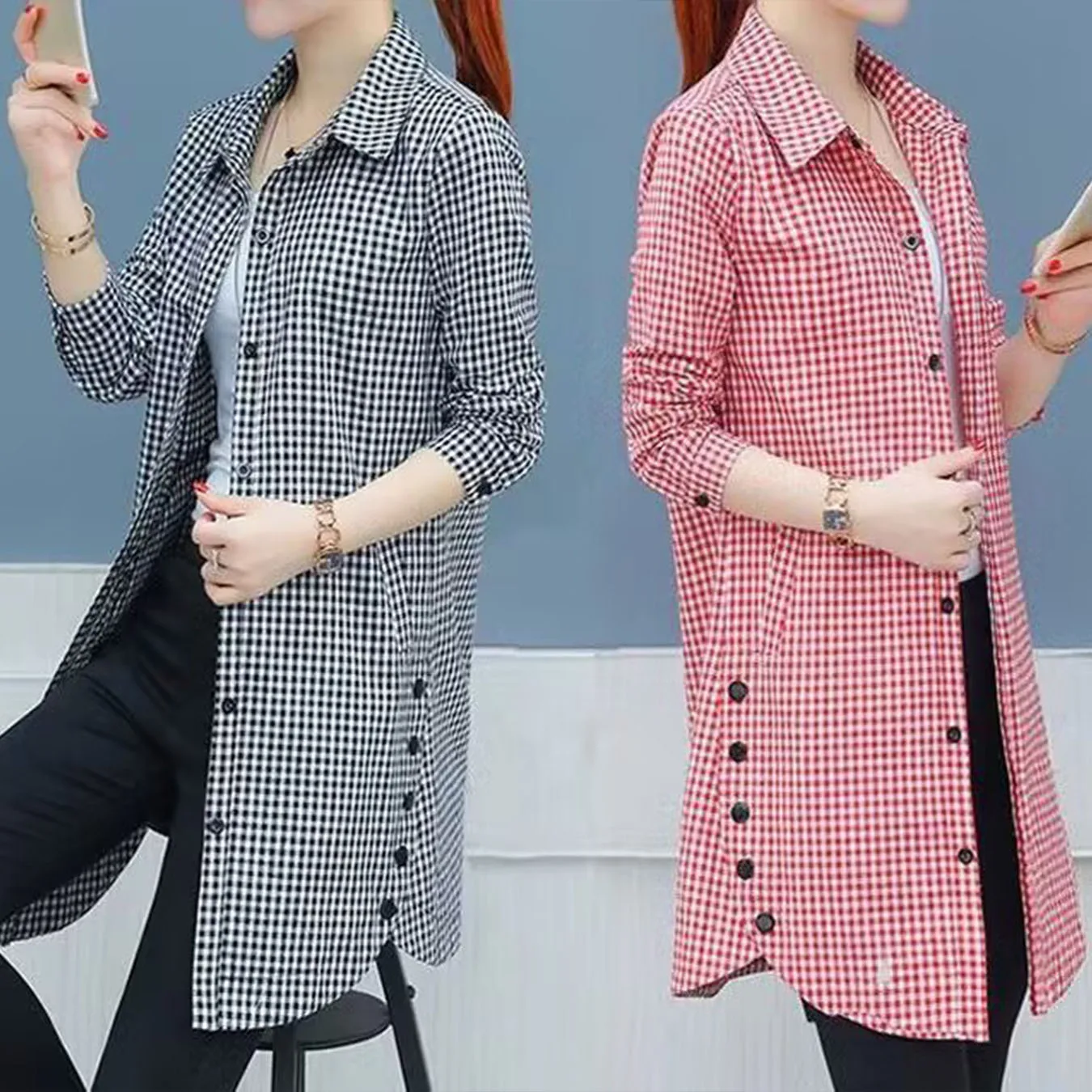 Camisa xadrez feminina estilo coreano, nova coleção primavera, tamanhos grandes, manga comprida, tipo casaco.