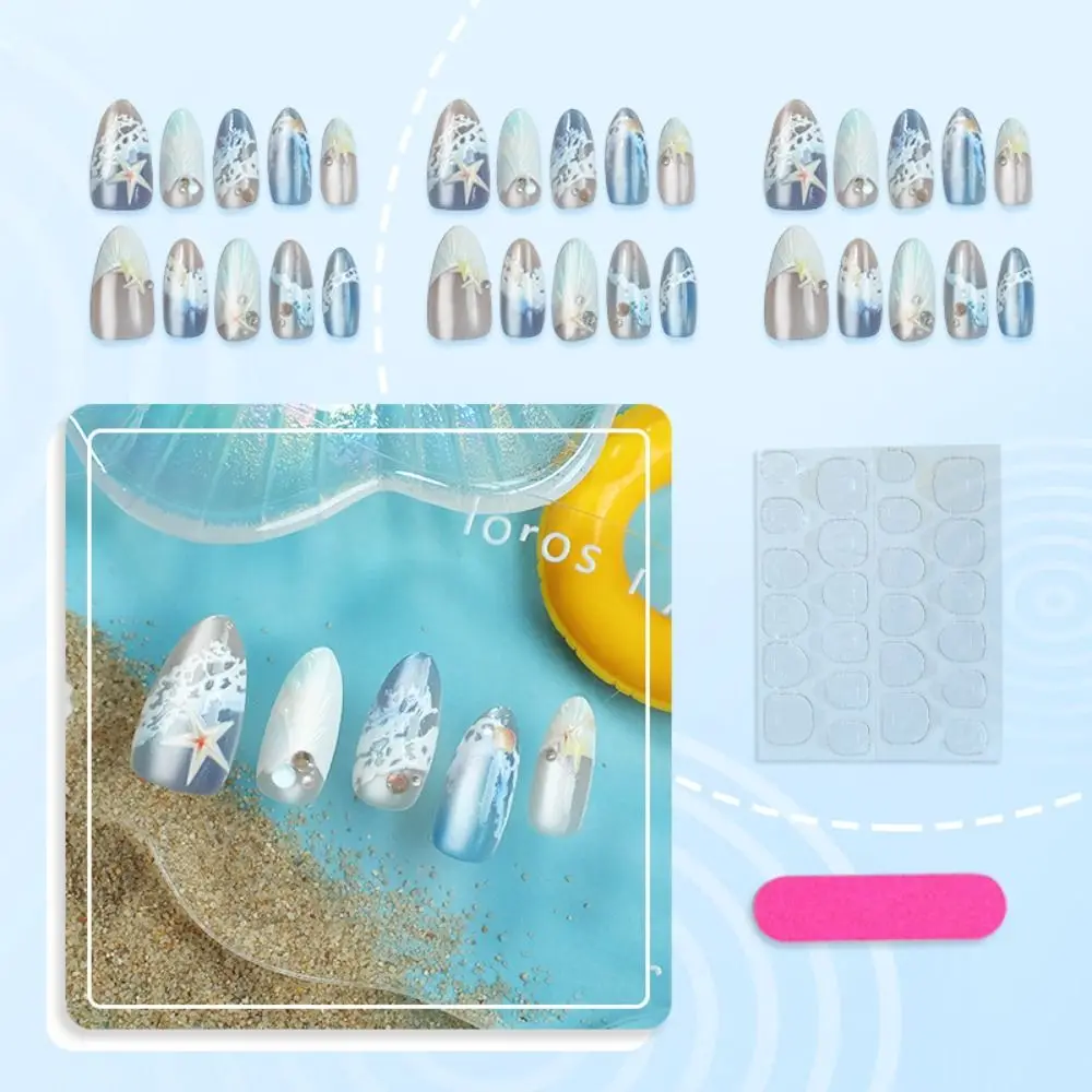 30 Tablets Starfish and Shells Handmade Summer 3D Nails with Diamonds Wearable Manicure Jelly Gel Fake Nails Detachable Wearable