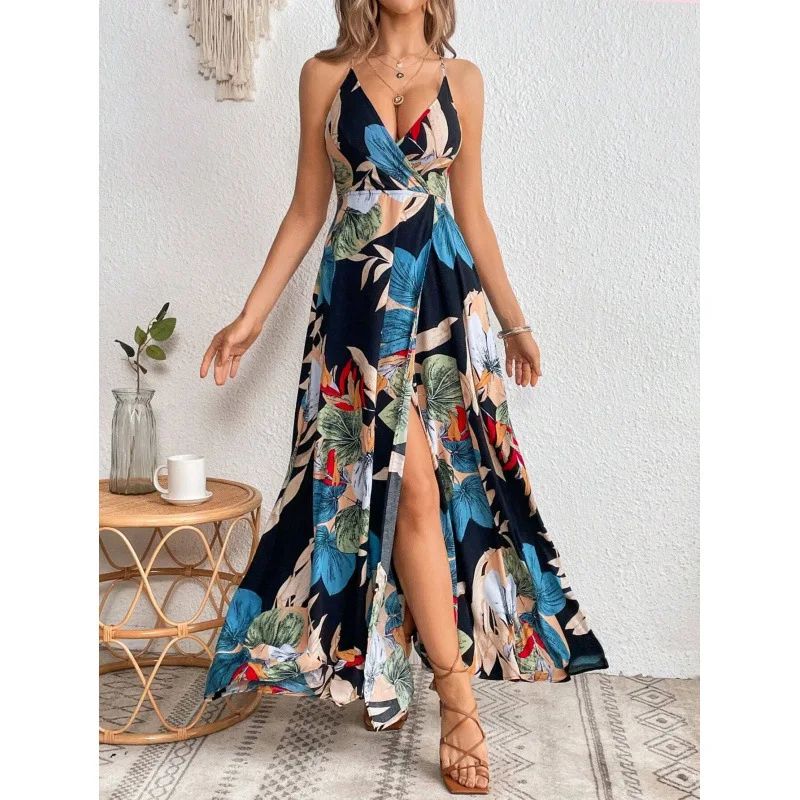 Vestido maxi feminino com estampa floral, alça espaguete, costas abertas, bainha dividida, boho, praia, festa, vestido longo casual