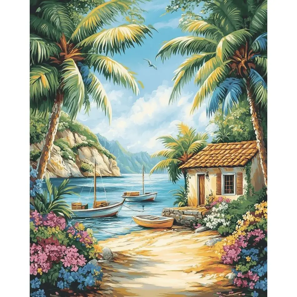 RUOPOTY Coconut Trees By The Seaside 5d Diamond Painting Wall Decor Diy Making Kits Landscape Full Round Diamond Art Handiwork