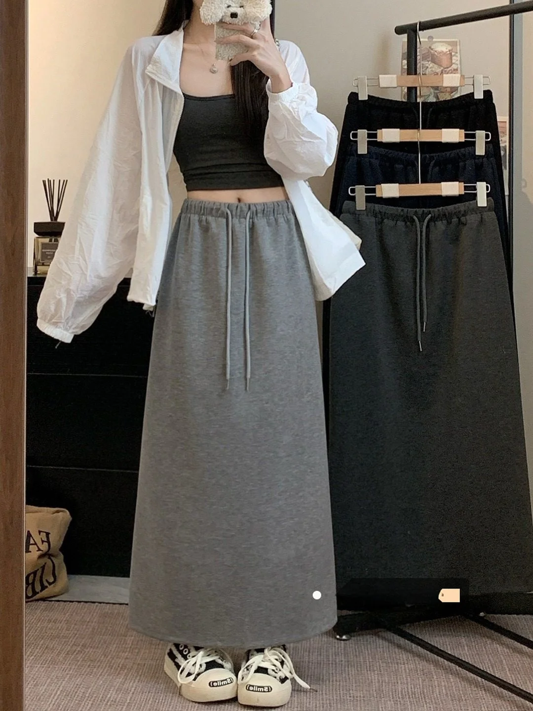 

Korean Sle ay Dstring Midi Skirt Women's Winter High Waist Slimming Mid-Calf Versatile Sweatirt Long Skirt