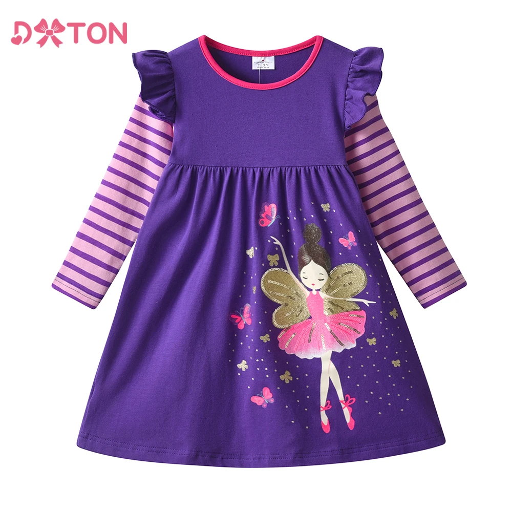 DXTON Autumn Kids Dresses Cotton Toddler's Girls Clothing Ballet Dancer Butterfly Printed Striped Long Sleeves Children Dresses