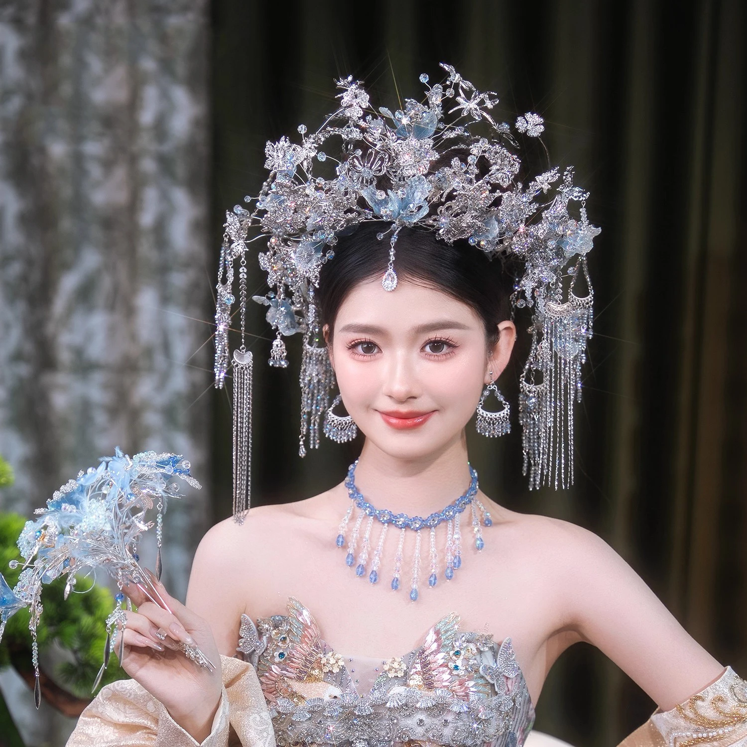 Handmade Chinese Vintage Wedding Hair Accessory Light Liquid Blue Flower Phoenix Hair Crown Princess Xiuhe Bridal Headpiece