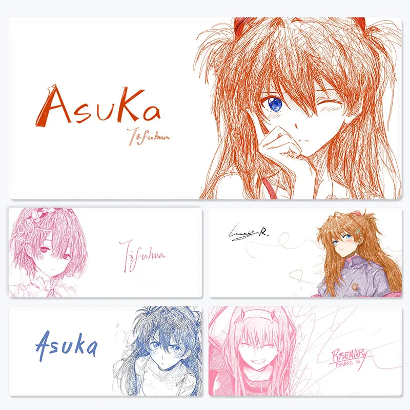 

Anime Asuka Langley Mouse Pad Large Sketch Style Art Desk Mat Non-Slip Rubber Base Stitched Edge for Gaming Office Student