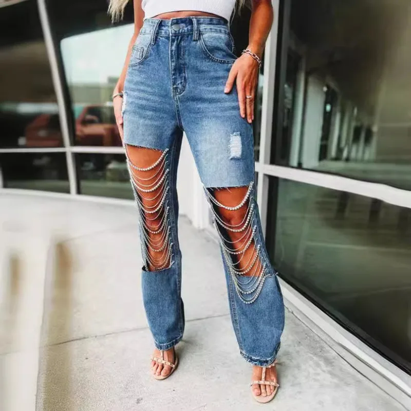 

Women's Vintage Hollow Hole Chain Straight Jeans, High Waist, Loose Denim Long Pants, Summer Casual Streetwear, 90s Trousers