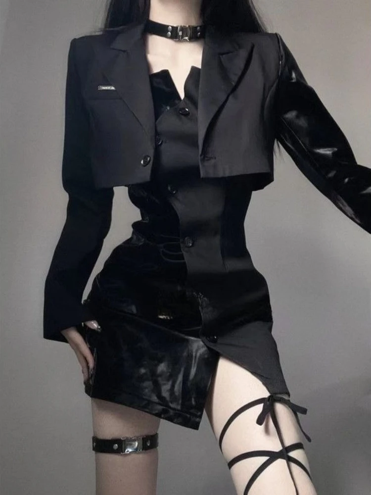 ハロウィン ゴシック ダークドレスセット レディース セクシー ブラック イレギュラー ミニドレス + ショートコート パンク グランジ ヴィンテージ パーティー Y2K スーツ 秋