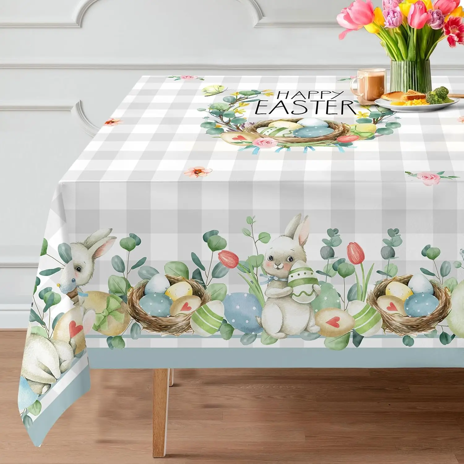 Easter Bunny Eggs Eucalyptus Plaid Tablecloths Dining Table Decor Spring Tulip Flowers Waterproof Table Cloth Easter Decorations