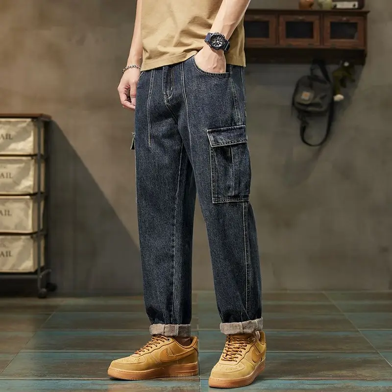 

2025 New Summer Trendy Loose Straight Cargo Denim Pants for Men Casual