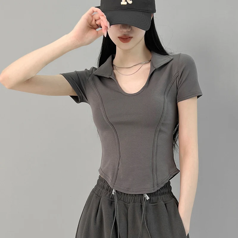 

American Style Retro U-Neck Short Sleeved T-shirt For Women Summer New Solid Slim Fit Short Tops Female Casual Versatile Jacket