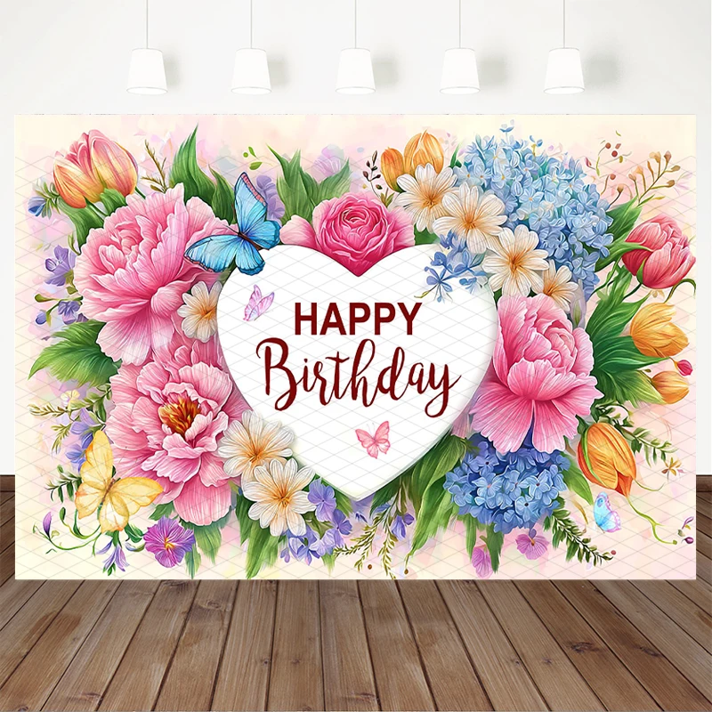 Mocsicka Happy Birthday Backdrop Pink Rose Peony Mixed Wedding Floral Butterfly White Heart Women Baby Kids Shooting Backgrounds