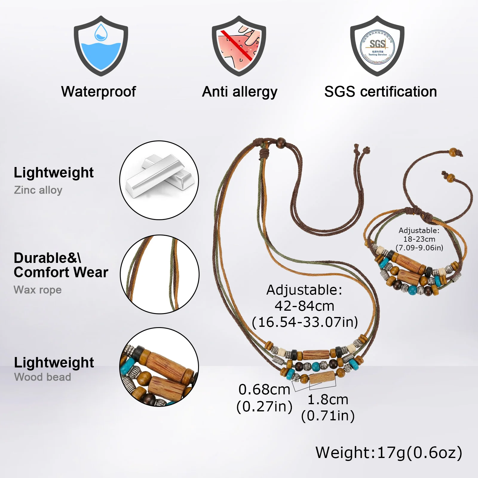 Vintage Wood Beads Leather Necklace for Men,2pcs/Set Multi-layer  Weave Collar Bracelet Jewelry Set Gift - view 4