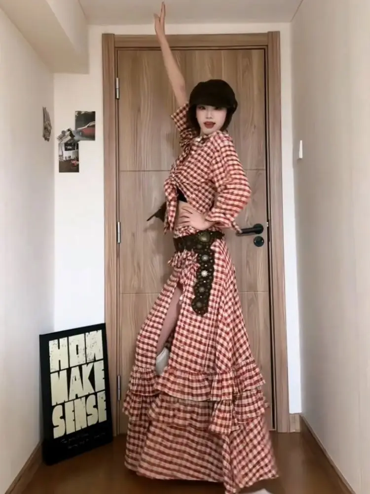 2000s Aesthetic Elegant 2 Piece Sets Women Y2k Plaid Design Tops + Slim midi Skirt Femal Harajuku Chic Korean Popular Clothes