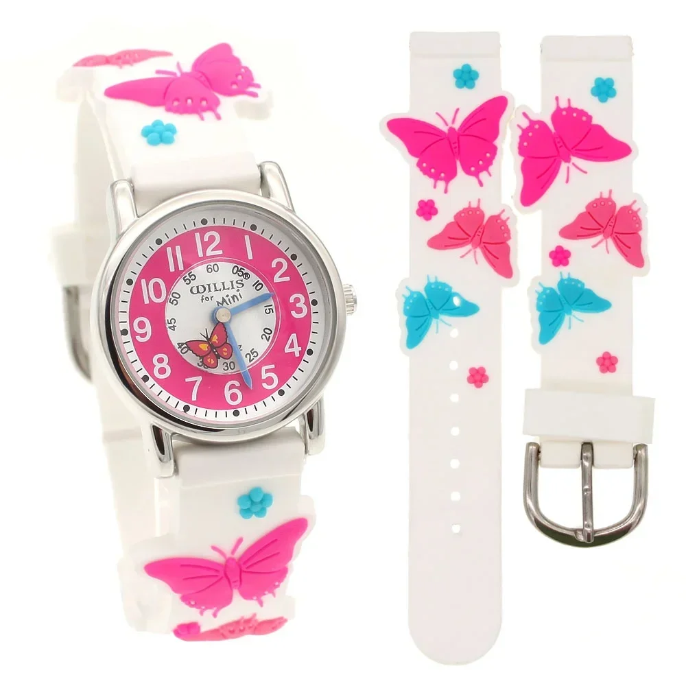 Kids Waterproof Quartz Watch for Girls with Easy Read 3D Butterfly Design Rubber Band Analog Timepiece Suitable for Kids And Tee