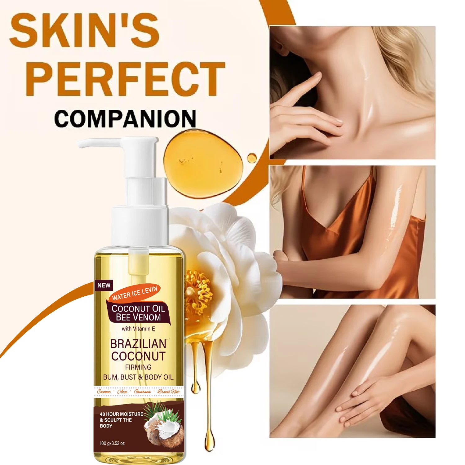 Brazilian Coconut Firming Oil Bee Venom Vitamin E. Tightens, Nourishes, Sculpts Bum and Bust. 48 Hour Moisture Brighter Skin. 100g.