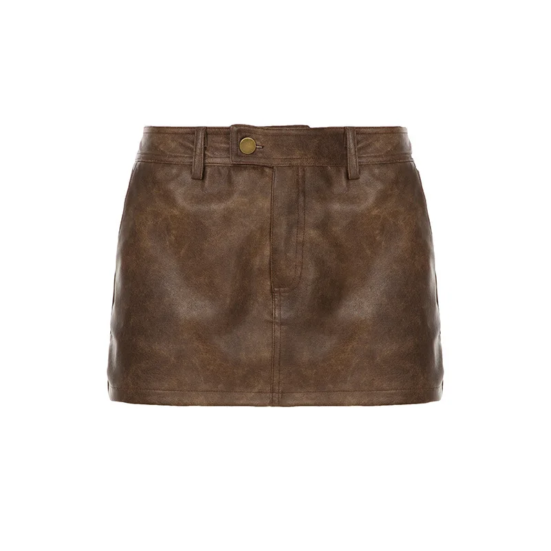 

Y2k Brown Faux Pu Leather Low Waist Mini Skirts for Women Pockets Button Vintage Femme Club Streetwear Sexy Autumn Skirt