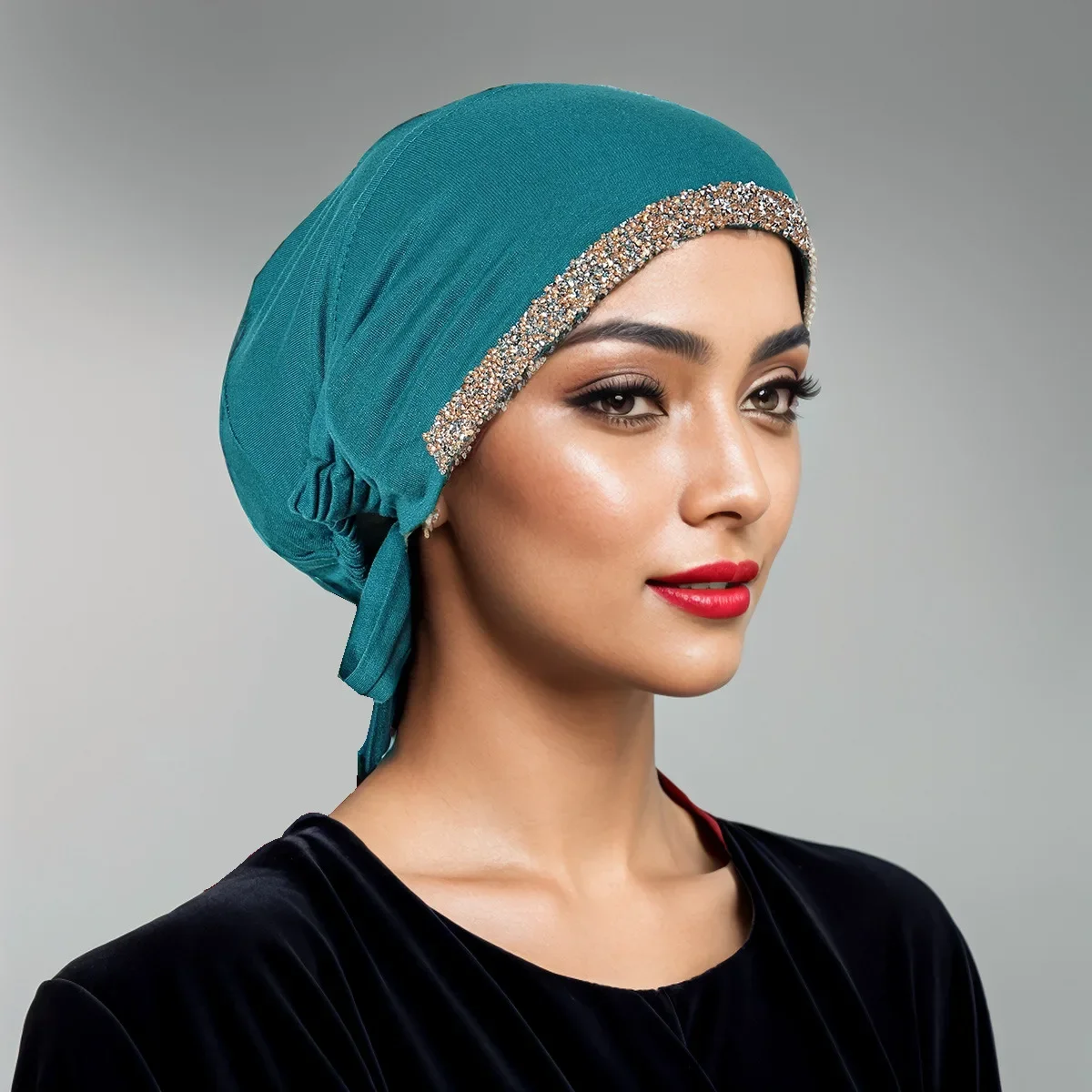 Women Modal Rhinestone Hijab Undercap Islamic Muslim Under Hijab Inner Under Scarf Hat Hijab Cap with Tie Back Closure Nightcap