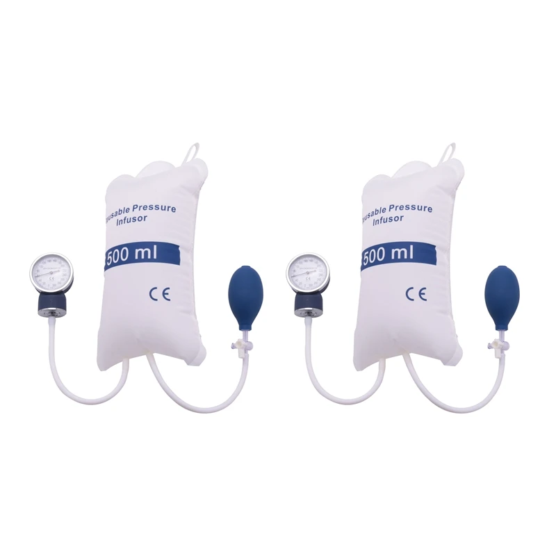 2X Infusion Pump Pressure Bag 500Ml With Gauge And Hand Pump Ball Reusable Pressure Infusion Bag