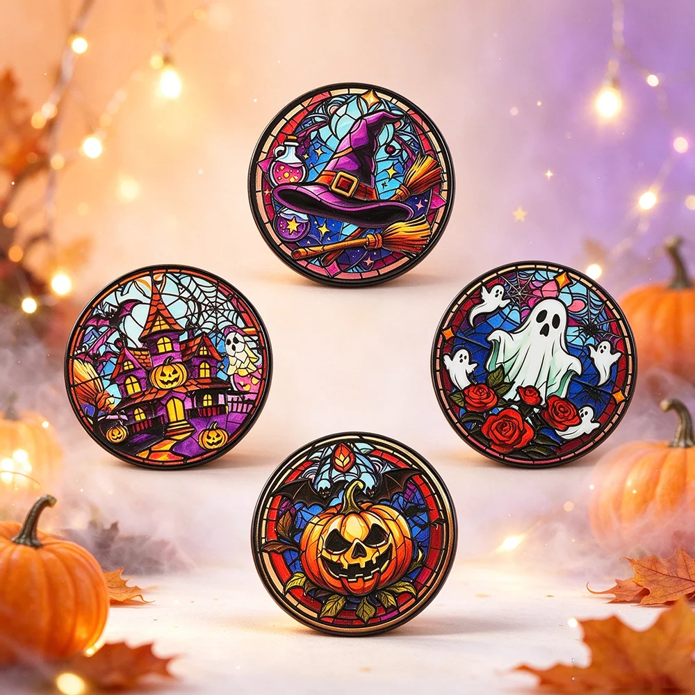 4Pcs Halloween Stained Glass Style Enamel Pins Set, Round Witch Ghost Pumpkin Brooches Perfect Holiday Friend Gift