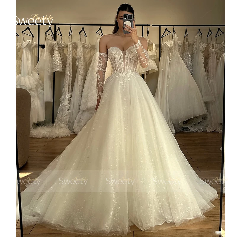 Elegant Weddingdress Organza With Embroidery A-Line Ballgown Fullsleeve Sweetheart V-Neck Bridedress Customized Vestido De Novia