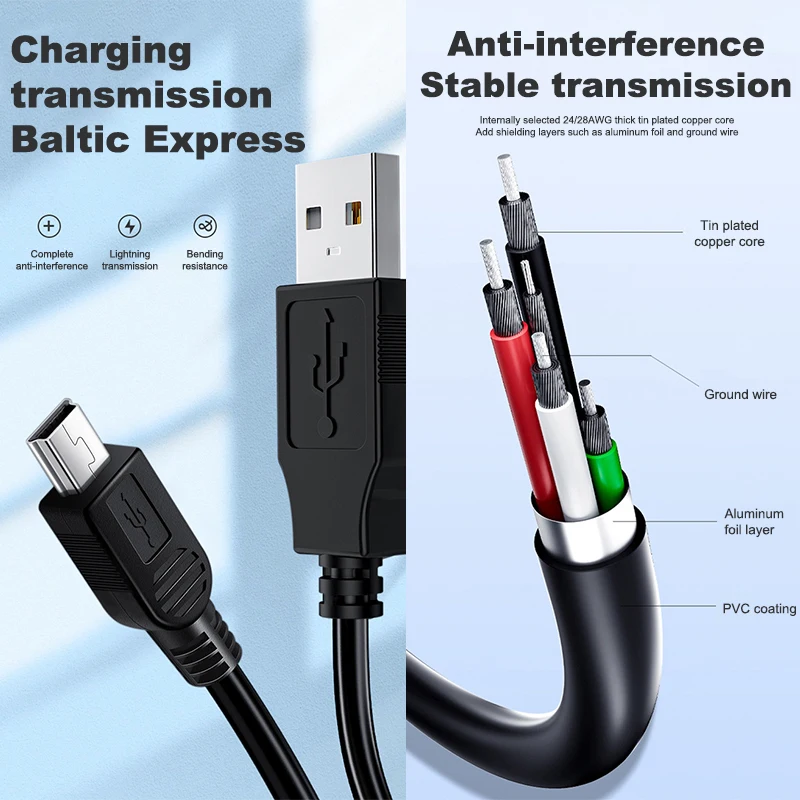 VAORLO 0.8M USB Cable 2.0A Male to Mini B 5 Pin 5P T Port MiniUSB for Devices MP3 MP4 Camera Mobile Phone Hard Disk Computer