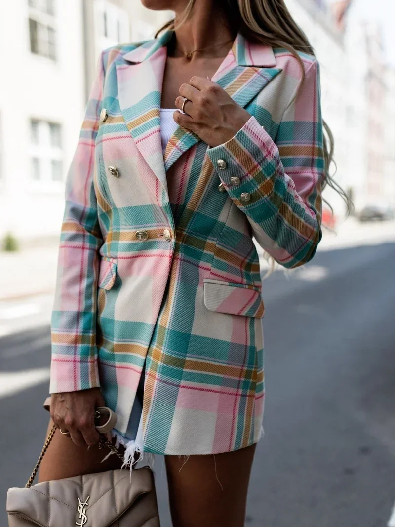 Blazer xadrez rosa e listrado para senhora, lapela trespassado, blazers de negócios e de viagem, casaco chique elegante, moda de escritório, primavera e outono