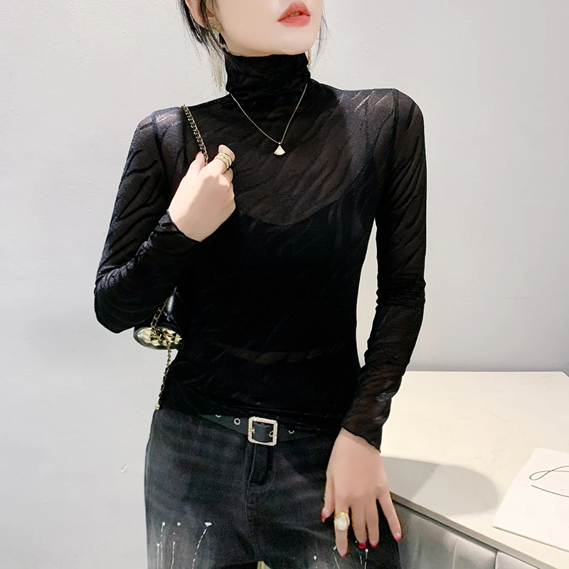 Black,Korean,Style,Fall,Winter,T-shirt,Sexy,Hollow Out,Turtleneck,Mesh,Thin,Women,Tops,Long Sleeve,Bottoming,Shirt,Tees,411707 image 4