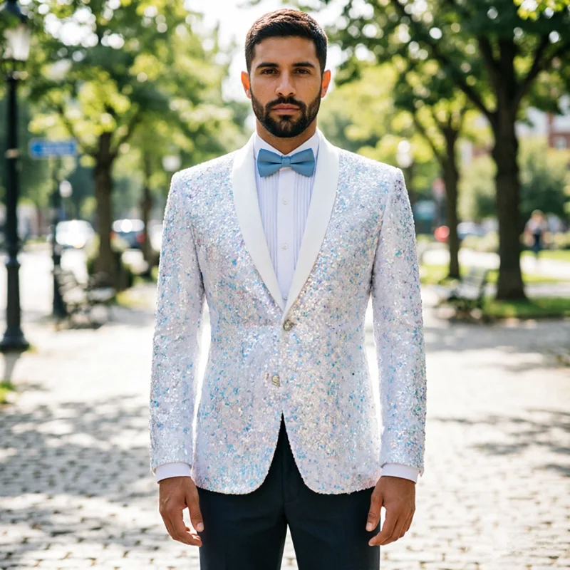 

Новый блестящий костюм с пайетками для мужчин 2026 года, роскошный пиджак, идеально подходящий для сценических выступлений, ночных клубов, свадеб и торжественных мероприятий