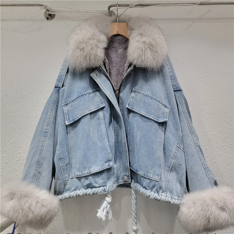 HKSH Winter New Women Warm Coat Fur Collar Spliced Denim Zipper Pockets Streetwear Fashion Fleece Lined Thickened Jacket HK13352